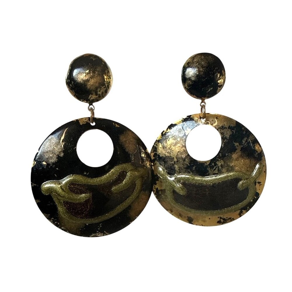 Vintage Black Enamel Pierced Hoop Earrings Unique One of Kind Bold Jewelry